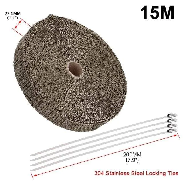 5 cm * 5 m, 10 m, 15 m, Titan/Schwarz, Abwärmewickelrolle für Motorrad, Glasfaser-Hitzeschildband mit Edelstahlbändern