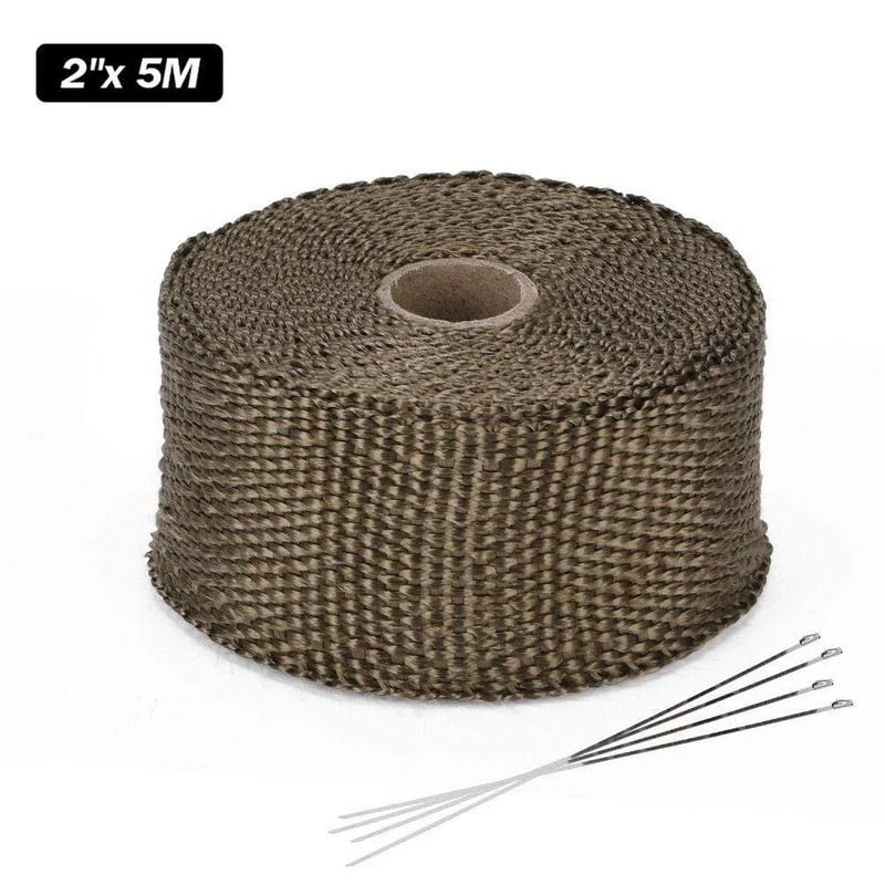 5 cm * 5 m, 10 m, 15 m, Titan/Schwarz, Abwärmewickelrolle für Motorrad, Glasfaser-Hitzeschildband mit Edelstahlbändern