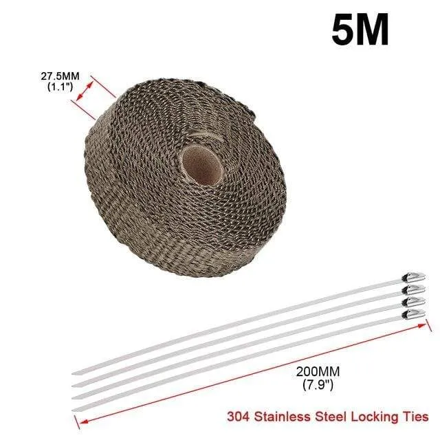5 cm * 5 m, 10 m, 15 m, Titan/Schwarz, Abwärmewickelrolle für Motorrad, Glasfaser-Hitzeschildband mit Edelstahlbändern
