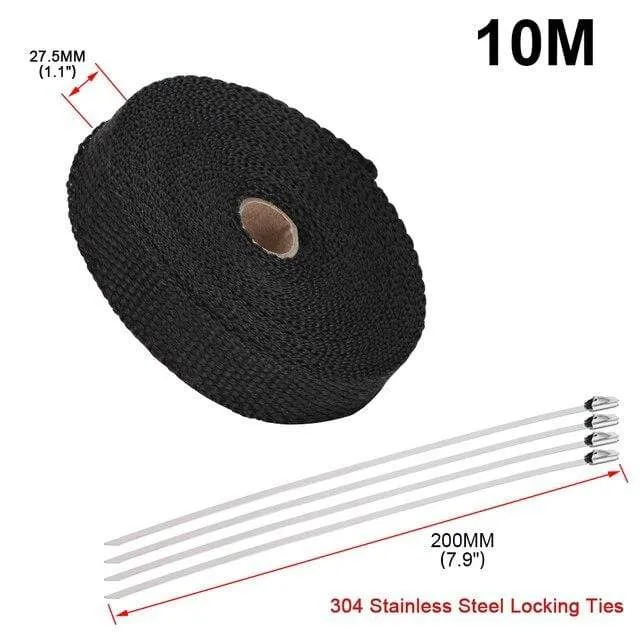 5 cm * 5 m, 10 m, 15 m, Titan/Schwarz, Abwärmewickelrolle für Motorrad, Glasfaser-Hitzeschildband mit Edelstahlbändern