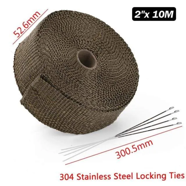 5 cm * 5 m, 10 m, 15 m, Titan/Schwarz, Abwärmewickelrolle für Motorrad, Glasfaser-Hitzeschildband mit Edelstahlbändern