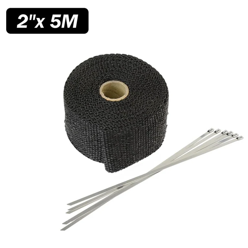 5 cm * 5 m, 10 m, 15 m, Titan/Schwarz, Abwärmewickelrolle für Motorrad, Glasfaser-Hitzeschildband mit Edelstahlbändern