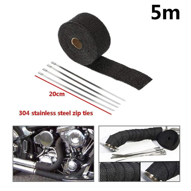 5 cm * 5 m, 10 m, 15 m, Titan/Schwarz, Abwärmewickelrolle für Motorrad, Glasfaser-Hitzeschildband mit Edelstahlbändern
