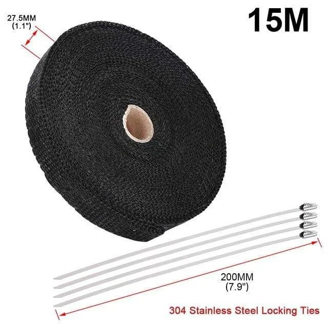 5 cm * 5 m, 10 m, 15 m, Titan/Schwarz, Abwärmewickelrolle für Motorrad, Glasfaser-Hitzeschildband mit Edelstahlbändern