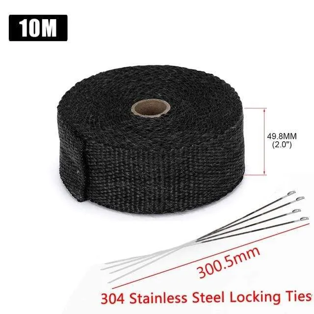 5 cm * 5 m, 10 m, 15 m, Titan/Schwarz, Abwärmewickelrolle für Motorrad, Glasfaser-Hitzeschildband mit Edelstahlbändern