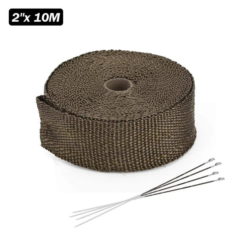 5 cm * 5 m, 10 m, 15 m, Titan/Schwarz, Abwärmewickelrolle für Motorrad, Glasfaser-Hitzeschildband mit Edelstahlbändern