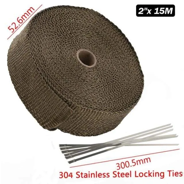5 cm * 5 m, 10 m, 15 m, Titan/Schwarz, Abwärmewickelrolle für Motorrad, Glasfaser-Hitzeschildband mit Edelstahlbändern