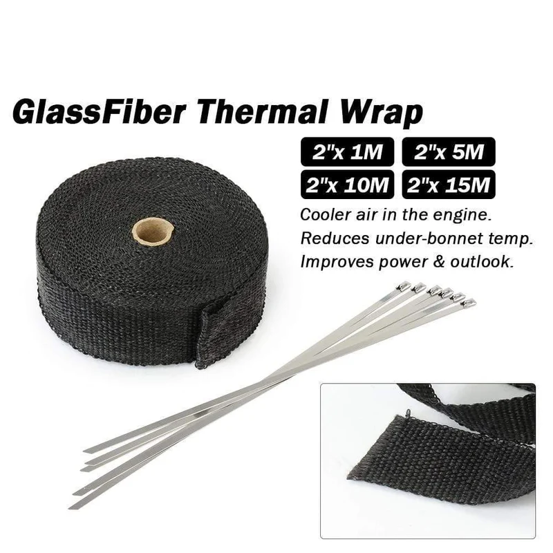 5 cm * 5 m, 10 m, 15 m, Titan/Schwarz, Abwärmewickelrolle für Motorrad, Glasfaser-Hitzeschildband mit Edelstahlbändern