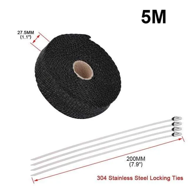 5 cm * 5 m, 10 m, 15 m, Titan/Schwarz, Abwärmewickelrolle für Motorrad, Glasfaser-Hitzeschildband mit Edelstahlbändern