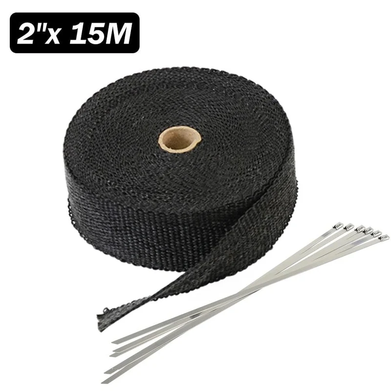 5 cm * 5 m, 10 m, 15 m, Titan/Schwarz, Abwärmewickelrolle für Motorrad, Glasfaser-Hitzeschildband mit Edelstahlbändern