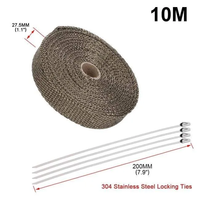 5 cm * 5 m, 10 m, 15 m, Titan/Schwarz, Abwärmewickelrolle für Motorrad, Glasfaser-Hitzeschildband mit Edelstahlbändern