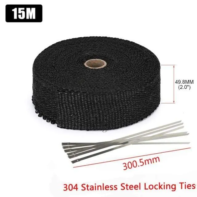 5 cm * 5 m, 10 m, 15 m, Titan/Schwarz, Abwärmewickelrolle für Motorrad, Glasfaser-Hitzeschildband mit Edelstahlbändern