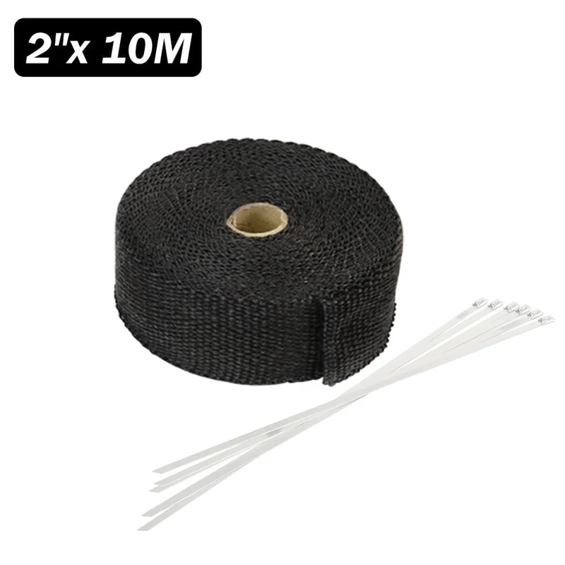 5 cm * 5 m, 10 m, 15 m, Titan/Schwarz, Abwärmewickelrolle für Motorrad, Glasfaser-Hitzeschildband mit Edelstahlbändern