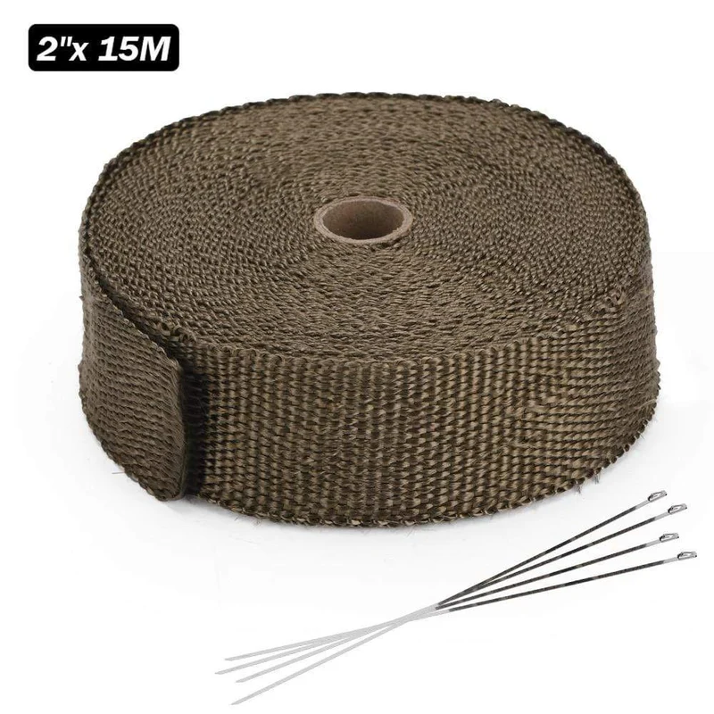5 cm * 5 m, 10 m, 15 m, Titan/Schwarz, Abwärmewickelrolle für Motorrad, Glasfaser-Hitzeschildband mit Edelstahlbändern