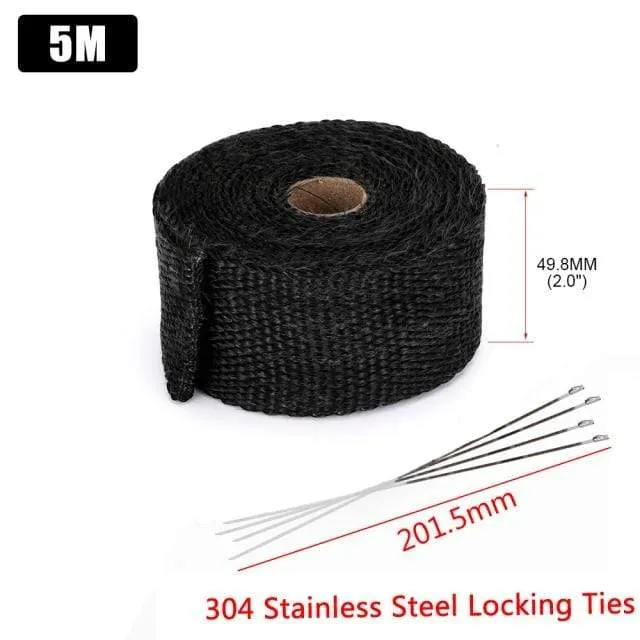 5 cm * 5 m, 10 m, 15 m, Titan/Schwarz, Abwärmewickelrolle für Motorrad, Glasfaser-Hitzeschildband mit Edelstahlbändern