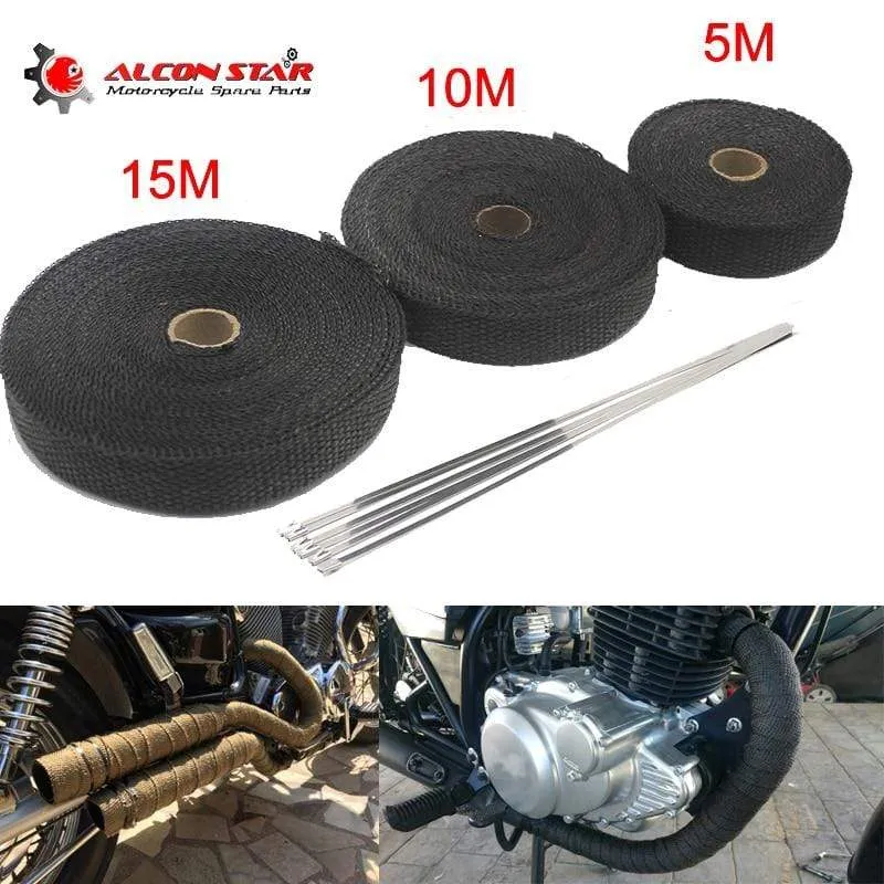 Alconstar- 5M/10M/15M Motorrad-Auspuff-Thermoband-Krümmer-Wärmewickel-Krümmer-Isolierung, rollbeständig mit rostfreien Kabelbindern
