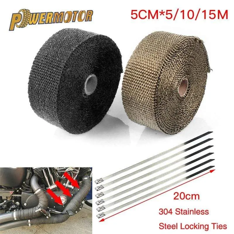 5 cm * 5 M/10 M/15 M Motorrad Auspuff Hitzeschild Thermische Auspuff Band Fiberglas Wärme Wrap rohr Wärmedämmung mit Edelstahl Krawatten
