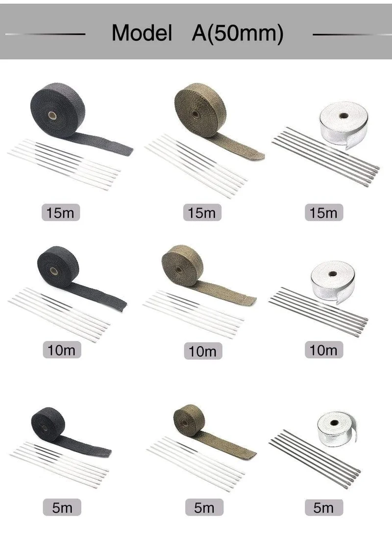 5M/10M/15M Thermisches Abgaskrümmerrohrband Wärmeisolierendes Wickelband Feuerfeste Stoffrolle Mit langlebigem Stahlbinder-Set