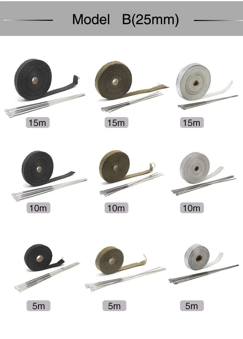 5M/10M/15M Thermisches Abgaskrümmerrohrband Wärmeisolierendes Wickelband Feuerfeste Stoffrolle Mit langlebigem Stahlbinder-Set