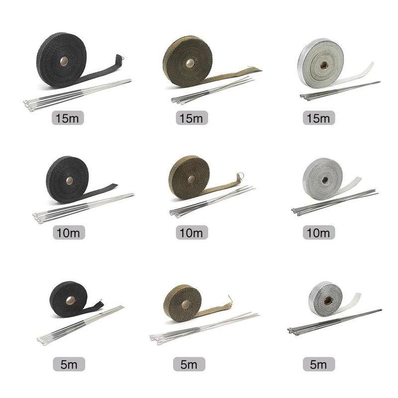 5M/10M/15M Thermisches Abgaskrümmerrohrband Wärmeisolierendes Wickelband Feuerfeste Stoffrolle Mit langlebigem Stahlbinder-Set