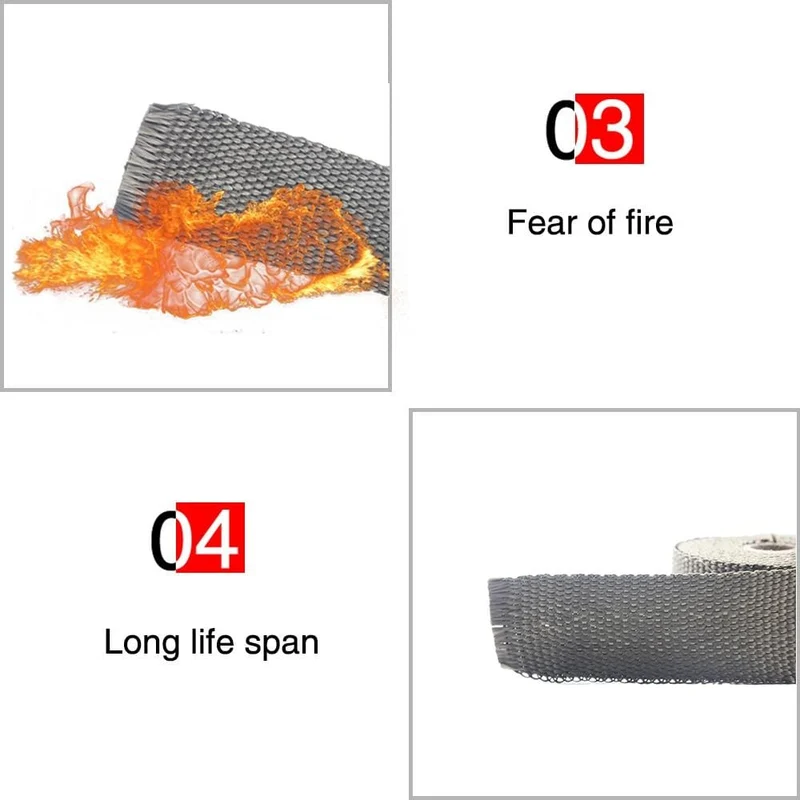 5M/10M/15M Thermisches Abgaskrümmerrohrband Wärmeisolierendes Wickelband Feuerfeste Stoffrolle Mit langlebigem Stahlbinder-Set