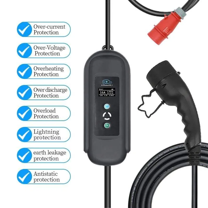 11 kW Ev-Ladegerät Typ 2, 3 Phasen, 16 A, IEC 62196-2, CEE-Stecker, tragbares Elektrofahrzeug-Autoladegerät, EVSE-Ladestation, Evse-Ladegerät