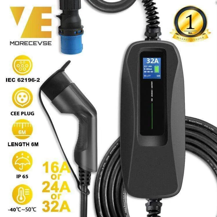 Typ 2 EV-Ladegerät Stufe 2 Tragbares 32-Ampere-Elektrofahrzeugladegerät, CEE-Stecker 220V-240V Kfz-Ladekabel, IEC 62196-2
