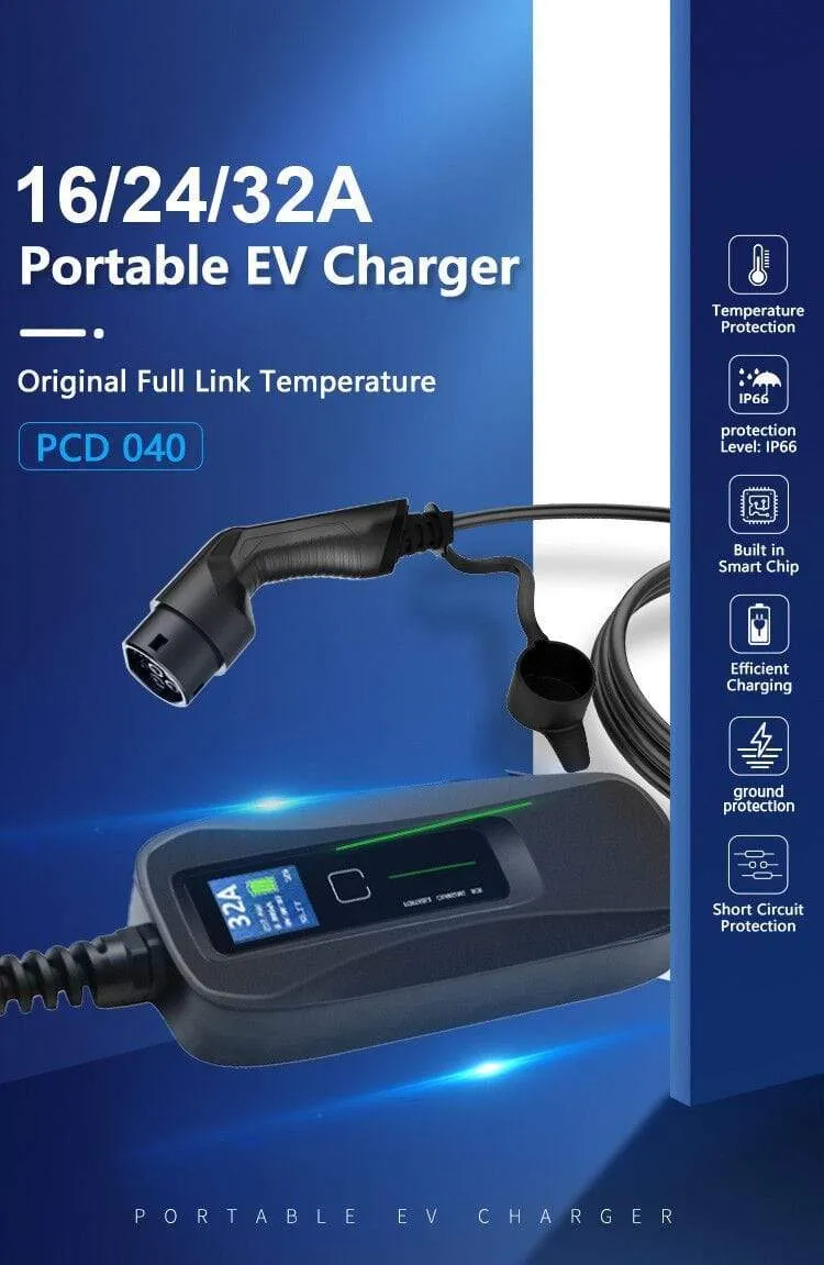 Typ 2 EV-Ladegerät Stufe 2 Tragbares 32-Ampere-Elektrofahrzeugladegerät, CEE-Stecker 220V-240V Kfz-Ladekabel, IEC 62196-2