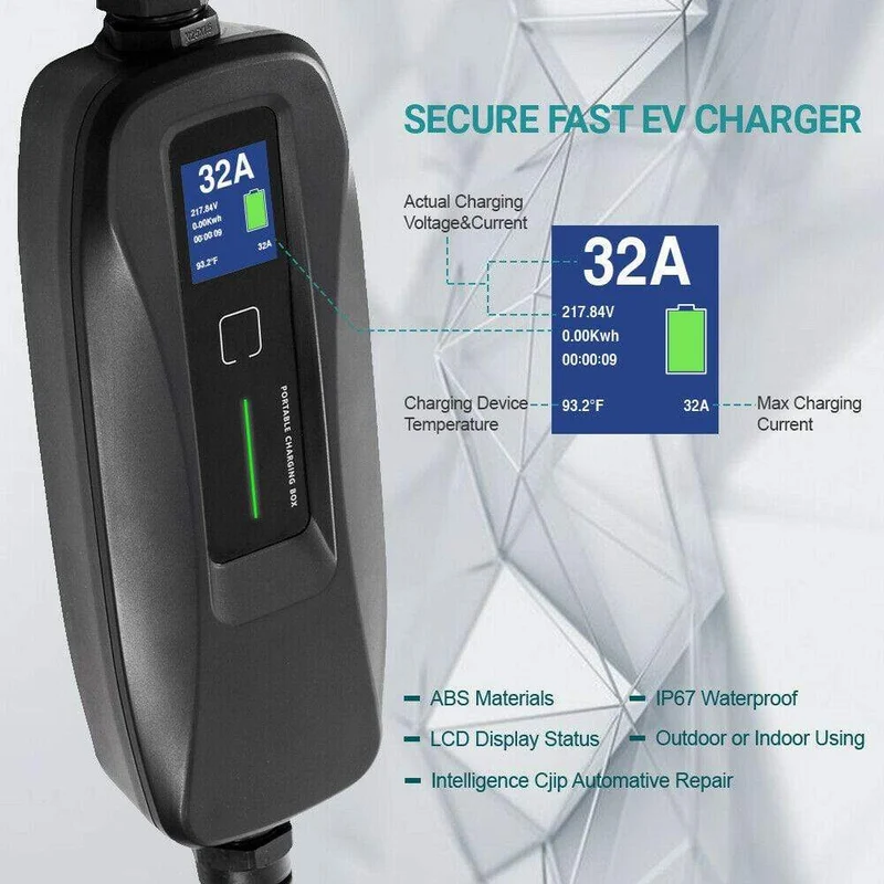 Typ 2 EV-Ladegerät Stufe 2 Tragbares 32-Ampere-Elektrofahrzeugladegerät, CEE-Stecker 220V-240V Kfz-Ladekabel, IEC 62196-2