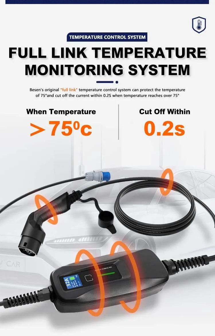 Typ 2 EV-Ladegerät Stufe 2 Tragbares 32-Ampere-Elektrofahrzeugladegerät, CEE-Stecker 220V-240V Kfz-Ladekabel, IEC 62196-2