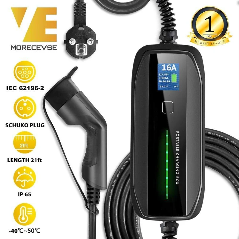 Morec Typ 2 Tragbare EV-Ladebox Kabel umschaltbar 10/16A Schukostecker Elektrofahrzeug Autoladegerät EVSE 2.2/3.6 KW