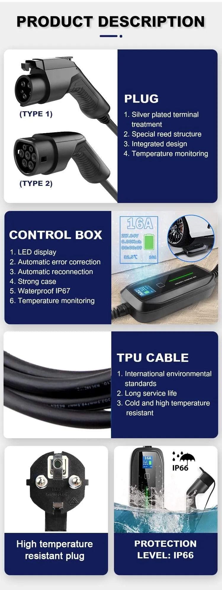 Morec Typ 2 Tragbare EV-Ladebox Kabel umschaltbar 10/16A Schukostecker Elektrofahrzeug Autoladegerät EVSE 2.2/3.6 KW