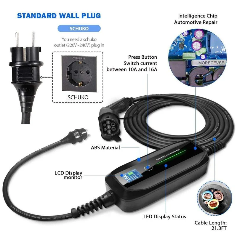 Morec Typ 2 Tragbare EV-Ladebox Kabel umschaltbar 10/16A Schukostecker Elektrofahrzeug Autoladegerät EVSE 2.2/3.6 KW