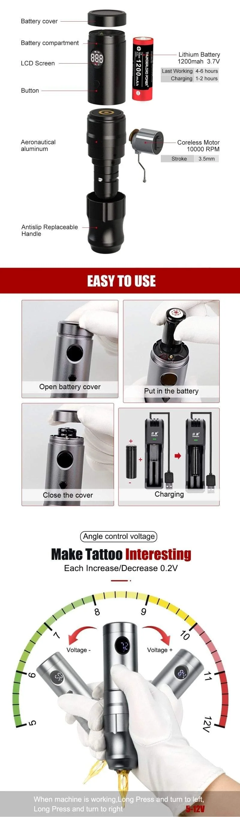 Drahtlose Tattoo-Stift-Maschine Japanischer Coreless Motor 2 Akku-Pack Tattoo Supplies