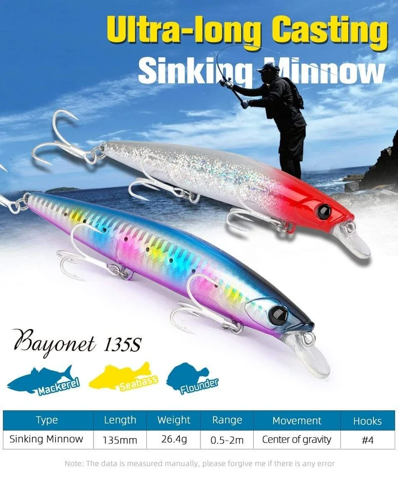 Ultra Long Casting 135S Salzwasser sinkender Elritze BAYONET 135mm 26.4g Tungaten Gewicht Angelköder Wolfsbarsch Harter Köder