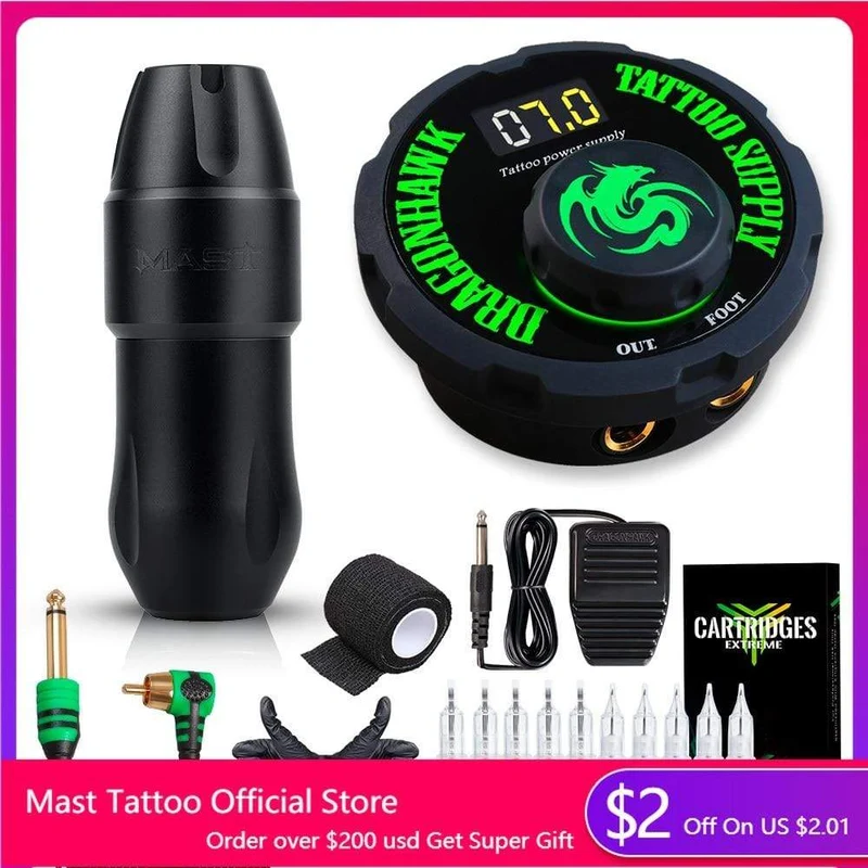 Dragonhawk Mast Top Tattoo Maschine Set Kit Motor Rotary Pen Makeup Power Nadeln