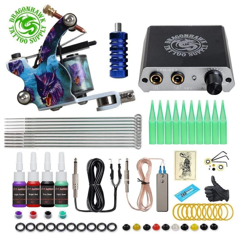 Tattoo-Set für Anfänger mit heiß verkaufter US-Markentinte, einer Maschine, komplettem Netzteil, Dragonhawk Art Pigment