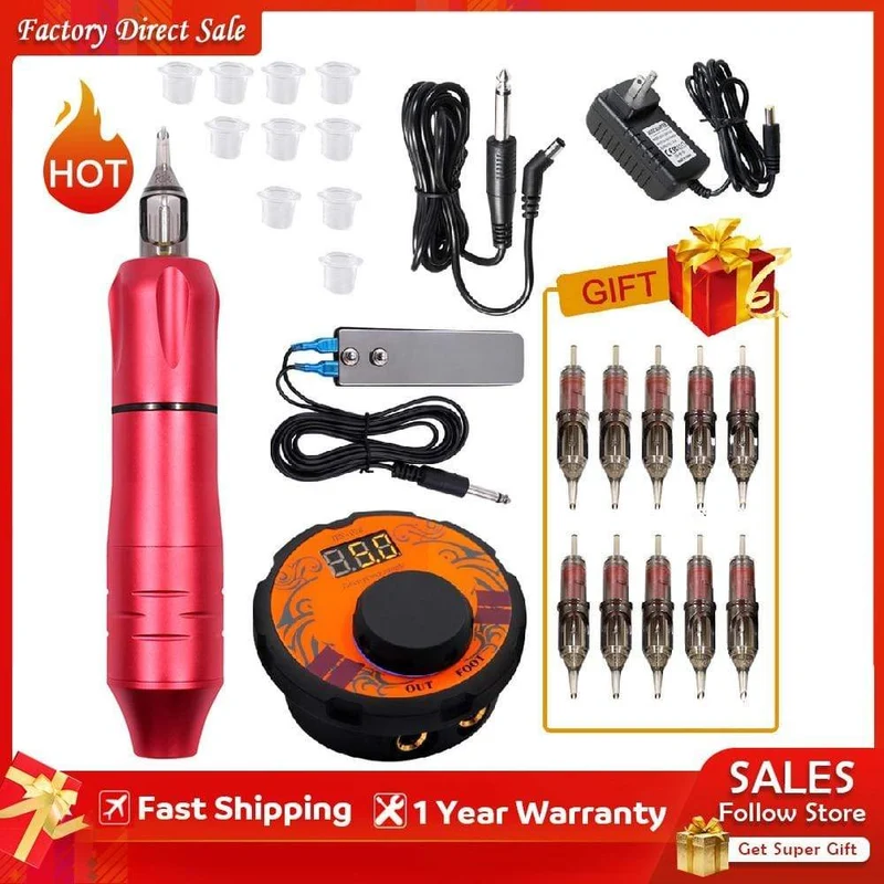 Tattoo Maschine Kit Tattoo Netzteil Rotary Stift mit Patronen Nadeln für Permanent Make-Up Augenbrauen Microblading