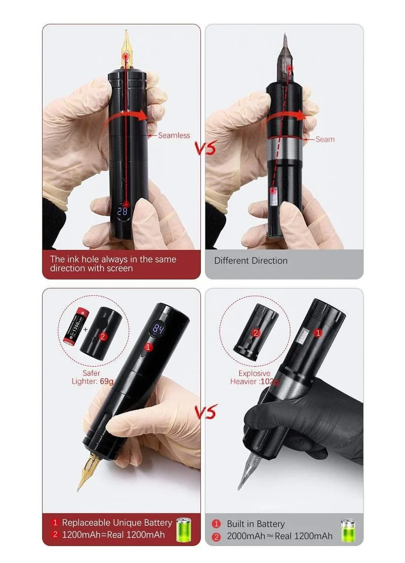 Neue Spannungsanpassung des Schwerkraftsensors Drahtloser Tattoo-Stift-Maschinenakku mit tragbarem bürstenlosem Motor Digitales LED-Display