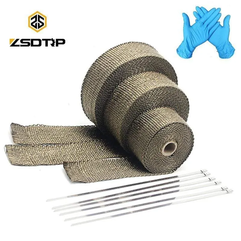 ZSDTRP 5 cm * 5 m 10 m 15 m Titan/Schwarz Abgaswärmewickelrolle für Motorrad-Fiberglas-Hitzeschildband mit Edelstahlbändern