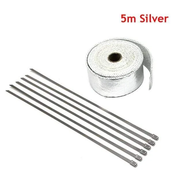 ZSDTRP 5 cm * 5 m 10 m 15 m Titan/Schwarz Abgaswärmewickelrolle für Motorrad-Fiberglas-Hitzeschildband mit Edelstahlbändern