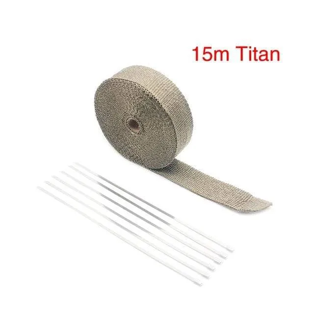 ZSDTRP 5 cm * 5 m 10 m 15 m Titan/Schwarz Abgaswärmewickelrolle für Motorrad-Fiberglas-Hitzeschildband mit Edelstahlbändern
