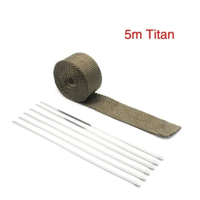 ZSDTRP 5 cm * 5 m 10 m 15 m Titan/Schwarz Abgaswärmewickelrolle für Motorrad-Fiberglas-Hitzeschildband mit Edelstahlbändern