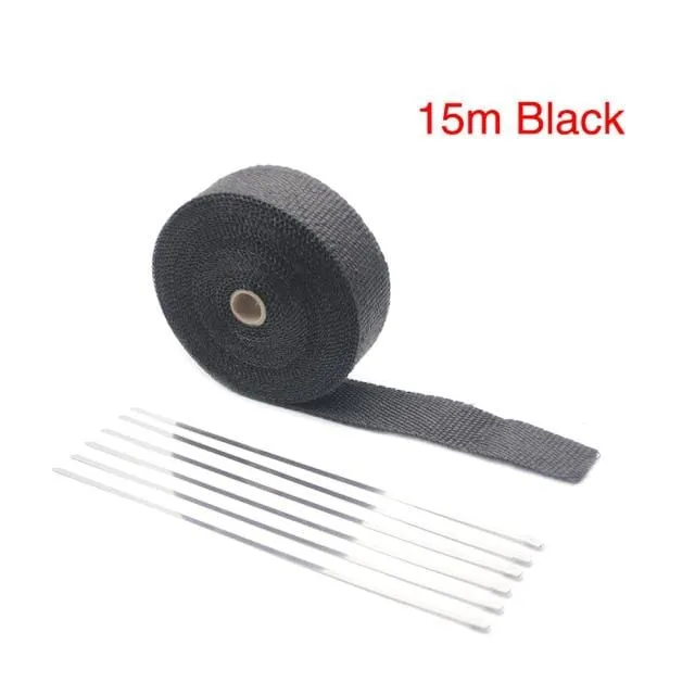 ZSDTRP 5 cm * 5 m 10 m 15 m Titan/Schwarz Abgaswärmewickelrolle für Motorrad-Fiberglas-Hitzeschildband mit Edelstahlbändern