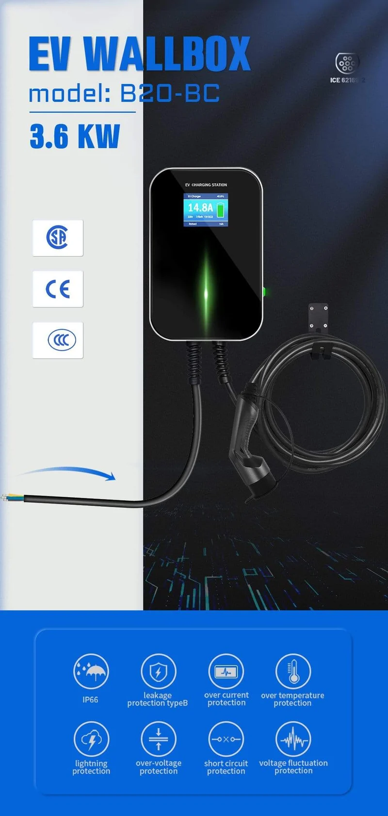 IEVISON 16A 1Phase 3.6KW EV Ladegerät EVSE Wallbox Elektrofahrzeug Ladestation mit Typ 2 Stecker IEC 62196-2 mit 6.1M Kabel