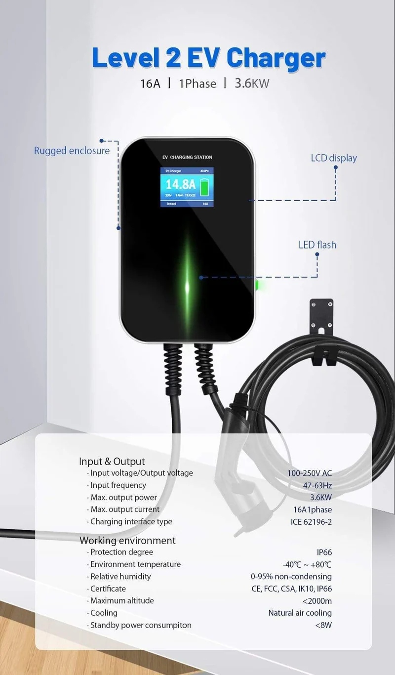 IEVISON 16A 1Phase 3.6KW EV Ladegerät EVSE Wallbox Elektrofahrzeug Ladestation mit Typ 2 Stecker IEC 62196-2 mit 6.1M Kabel