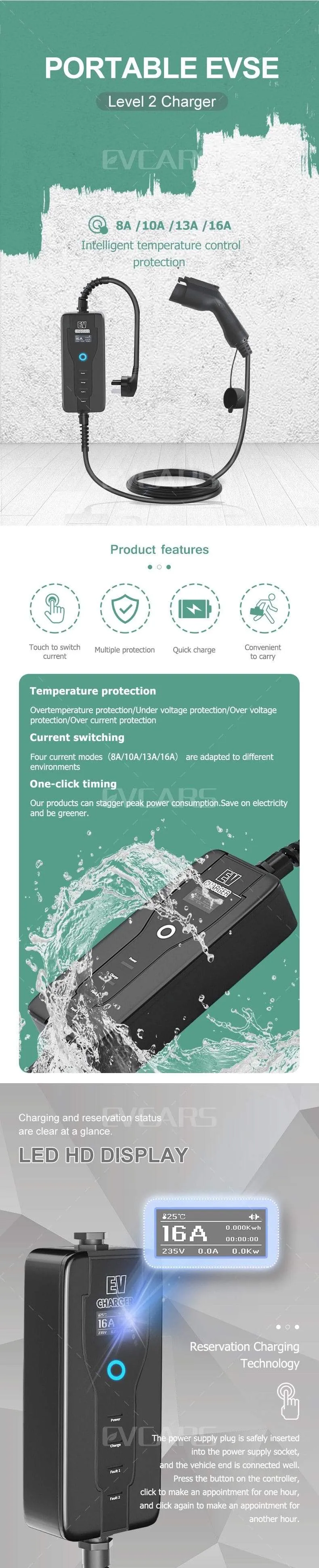 Tragbares EV-Ladegerät Level 2 J1772 Typ 2 EVSE Controlle Elektroauto-Ladestationen 16A 230V Home Wallbox für Zoe Leaf
