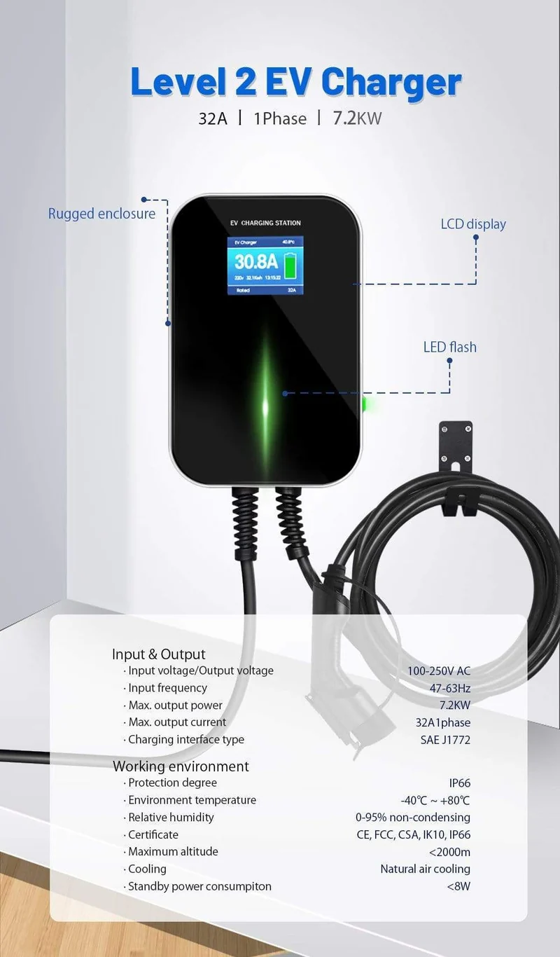 EVISON 32A Einphasiges EV-Ladegerät Wandmontage-Ladestation für Elektrofahrzeuge EVSE Wallbox 7KW mit Typ-1-Kabel SAE J1772