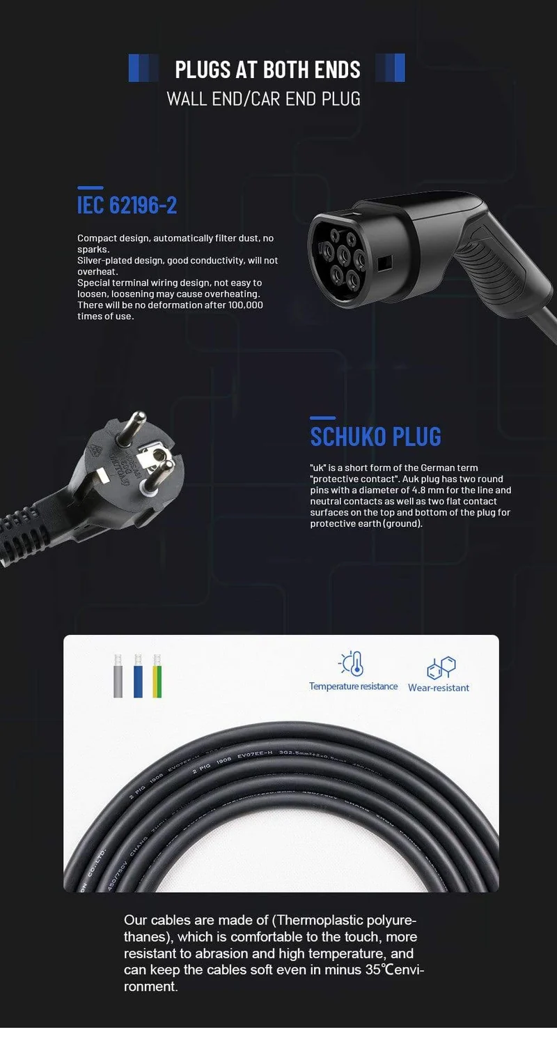 EVSE Typ 2 Tragbares EV-Ladebox-Kabel Umschaltbar 10/16A Schukostecker Elektrofahrzeug-Autoladegerät IEC 62196-2 2.2/3.6 KW