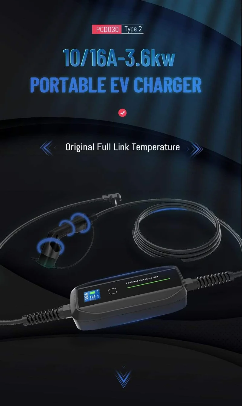 EVSE Typ 2 Tragbares EV-Ladebox-Kabel Umschaltbar 10/16A Schukostecker Elektrofahrzeug-Autoladegerät IEC 62196-2 2.2/3.6 KW
